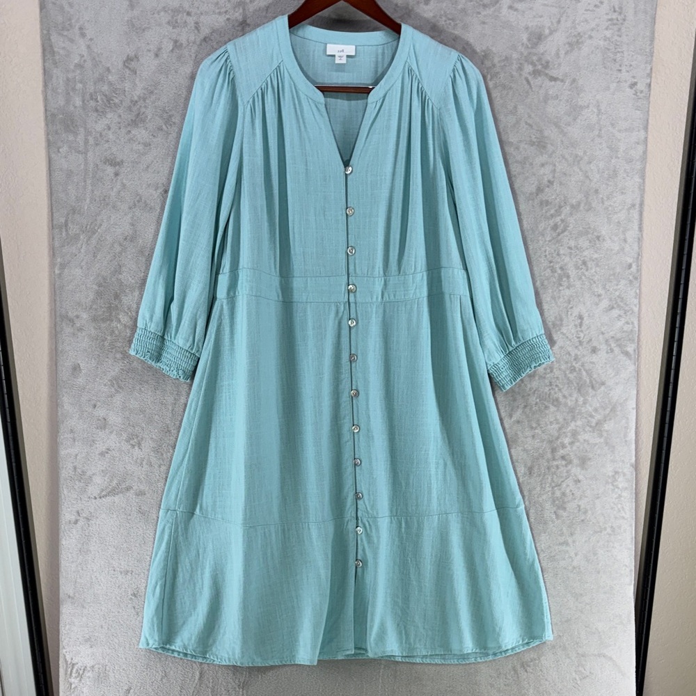 J. Jill Blue Sea Glass Linen Blend Button Up Shirt Dress w/ 3/4 Sleeves S Tall